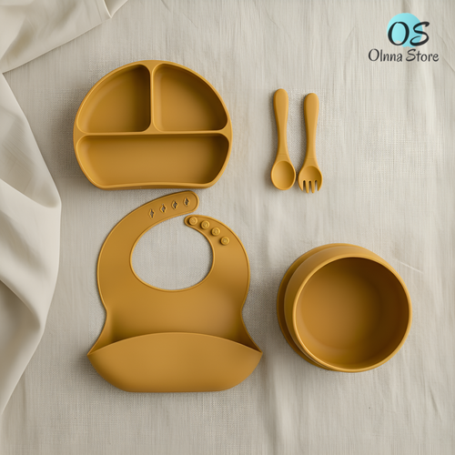 Olnna Baby Feeding Set — Silicone Plate + Bib + Cup + Spoon & Fork | Yellow