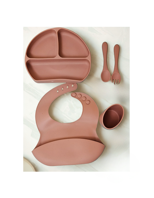 Olnna Baby Feeding Set — Silicone Plate + Bib + Cup + Spoon & Fork | Brown