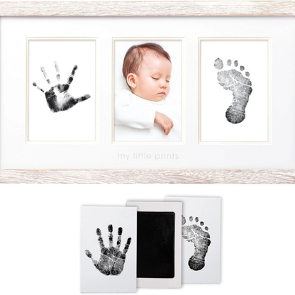 Rustic BabyPrints Photo Wall Frame with clean-touch ink pad, baby handprint, and two photo slots displayed on a white background.