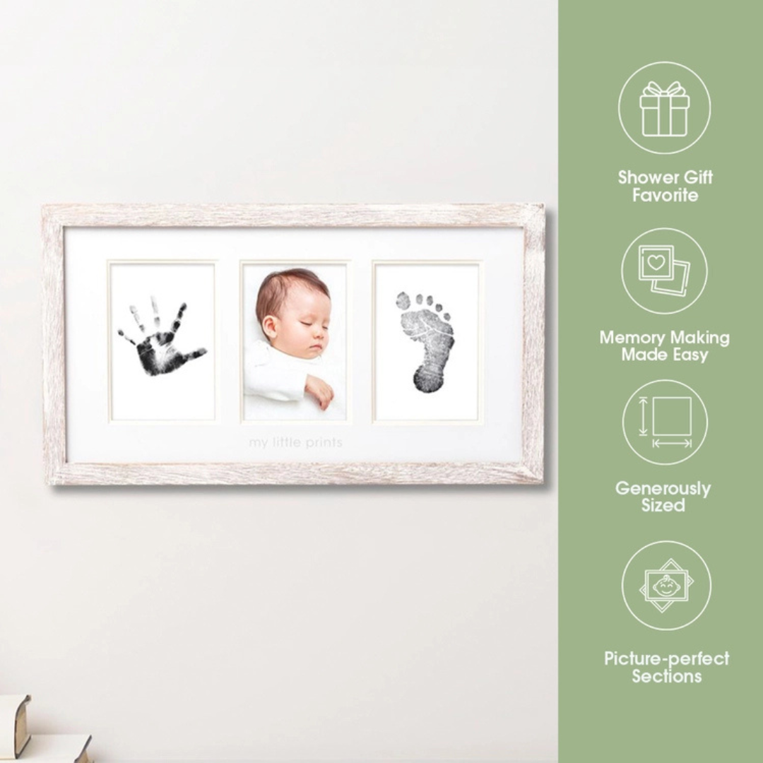 Gift-ready The BabyPrints rustic frame kit is packaged in a kraft-style box with contents displayed neatly inside.