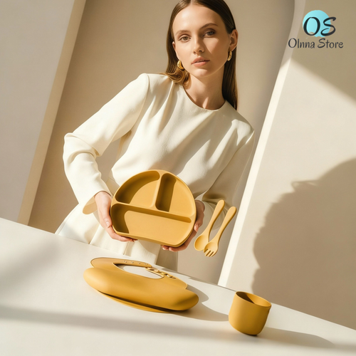 Olnna Baby Feeding Set — Silicone Plate + Bib + Cup + Spoon & Fork | Yellow