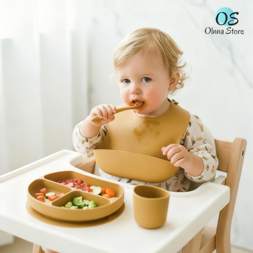 Olnna Baby Feeding Set — Silicone Plate + Bib + Cup + Spoon & Fork | Yellow