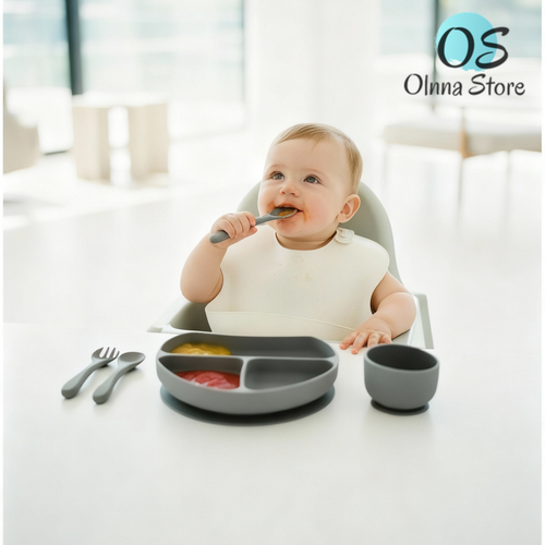 Olnna Baby Feeding Set — Silicone Plate + Bib + Cup + Spoon & Fork | Gray