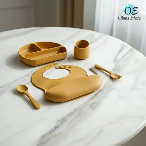 Olnna Baby Feeding Set — Silicone Plate + Bib + Cup + Spoon & Fork | Yellow