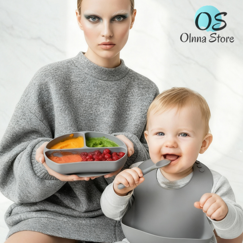 Olnna Baby Feeding Set — Silicone Plate + Bib + Cup + Spoon & Fork | Gray