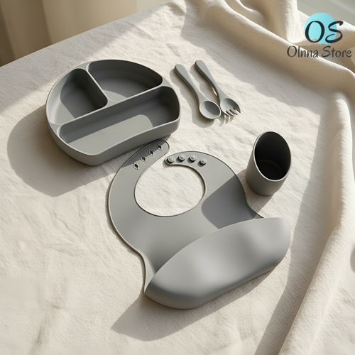 Olnna Baby Feeding Set — Silicone Plate + Bib + Cup + Spoon & Fork | Gray