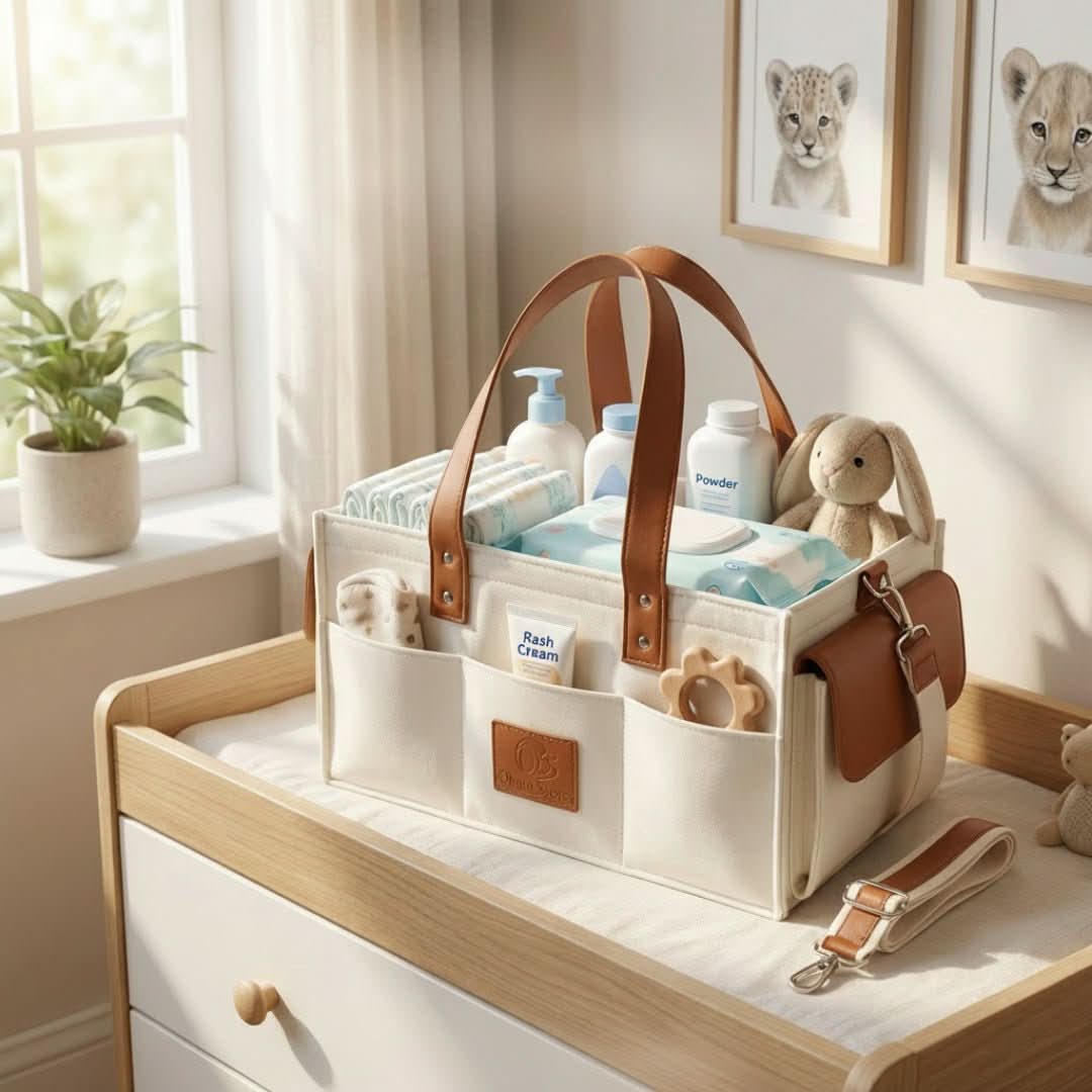 Baby care bag with bottles and toys on a changing table in a bright room.