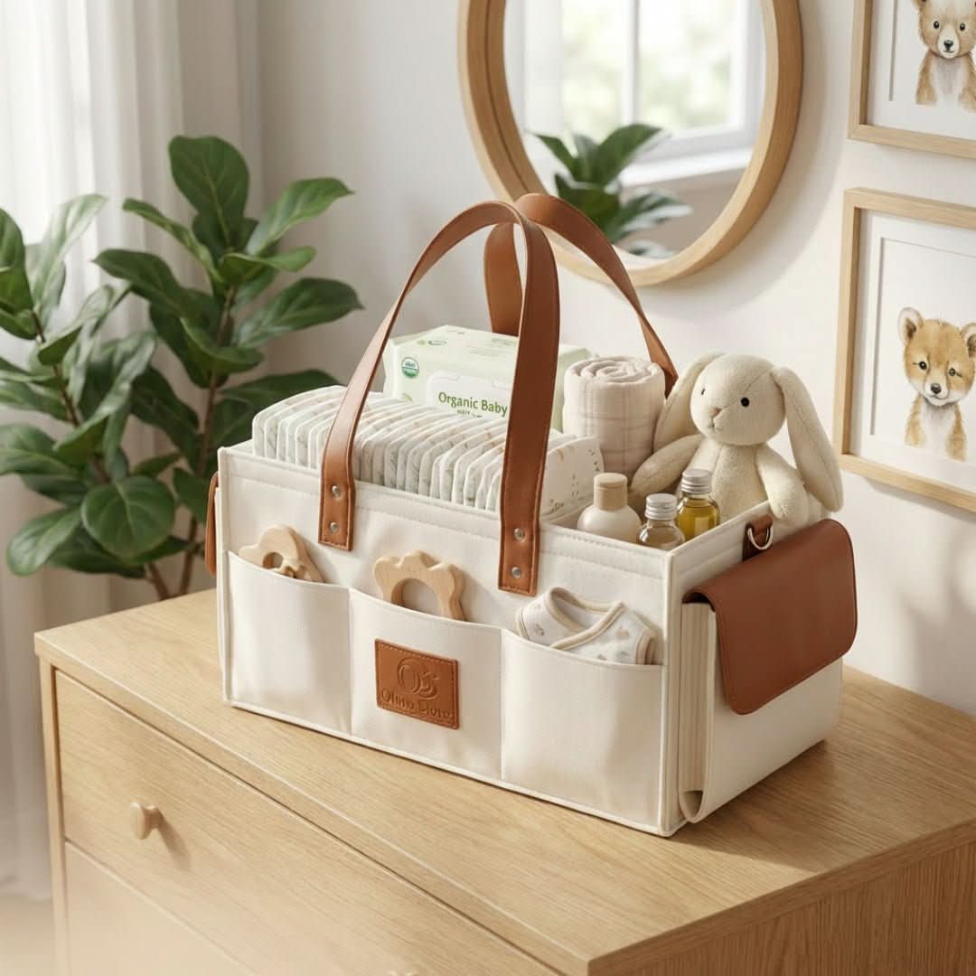 Baby organizer with baby items on a wooden dresser in a room with plants and framed pictures.