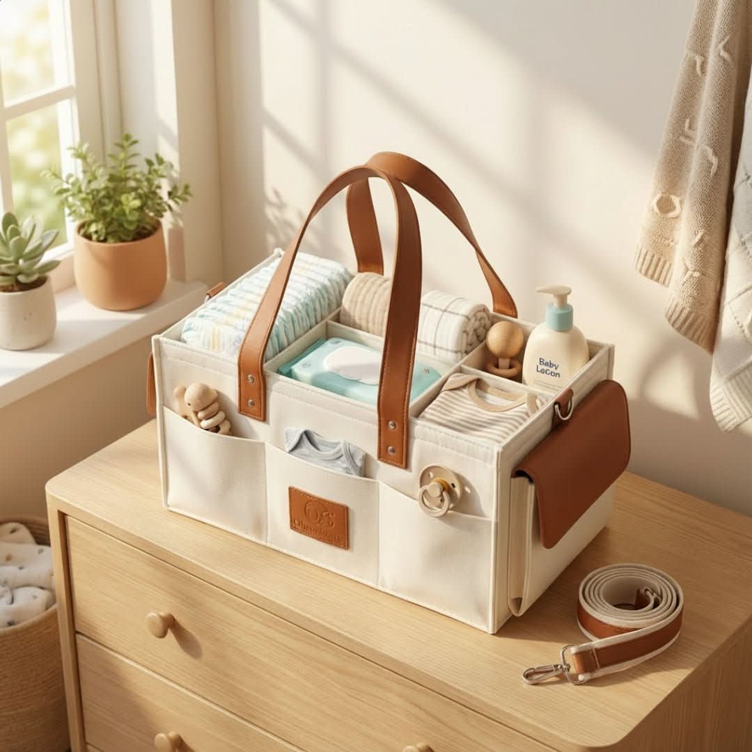 Cream and brown baby care bag on a wooden dresser with baby items inside, sunlit room.