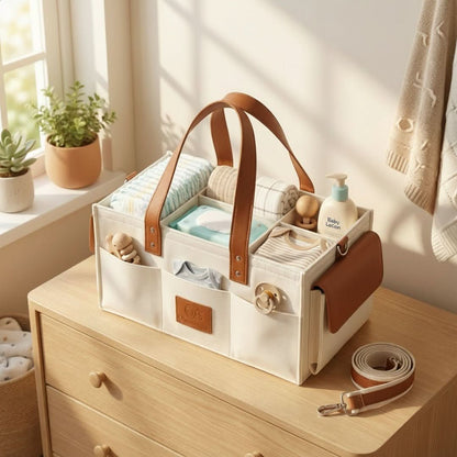 Cream and brown baby care bag on a wooden dresser with baby items inside, sunlit room.