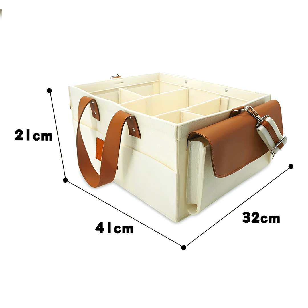 Cream storage box with brown straps and measurements on a white background