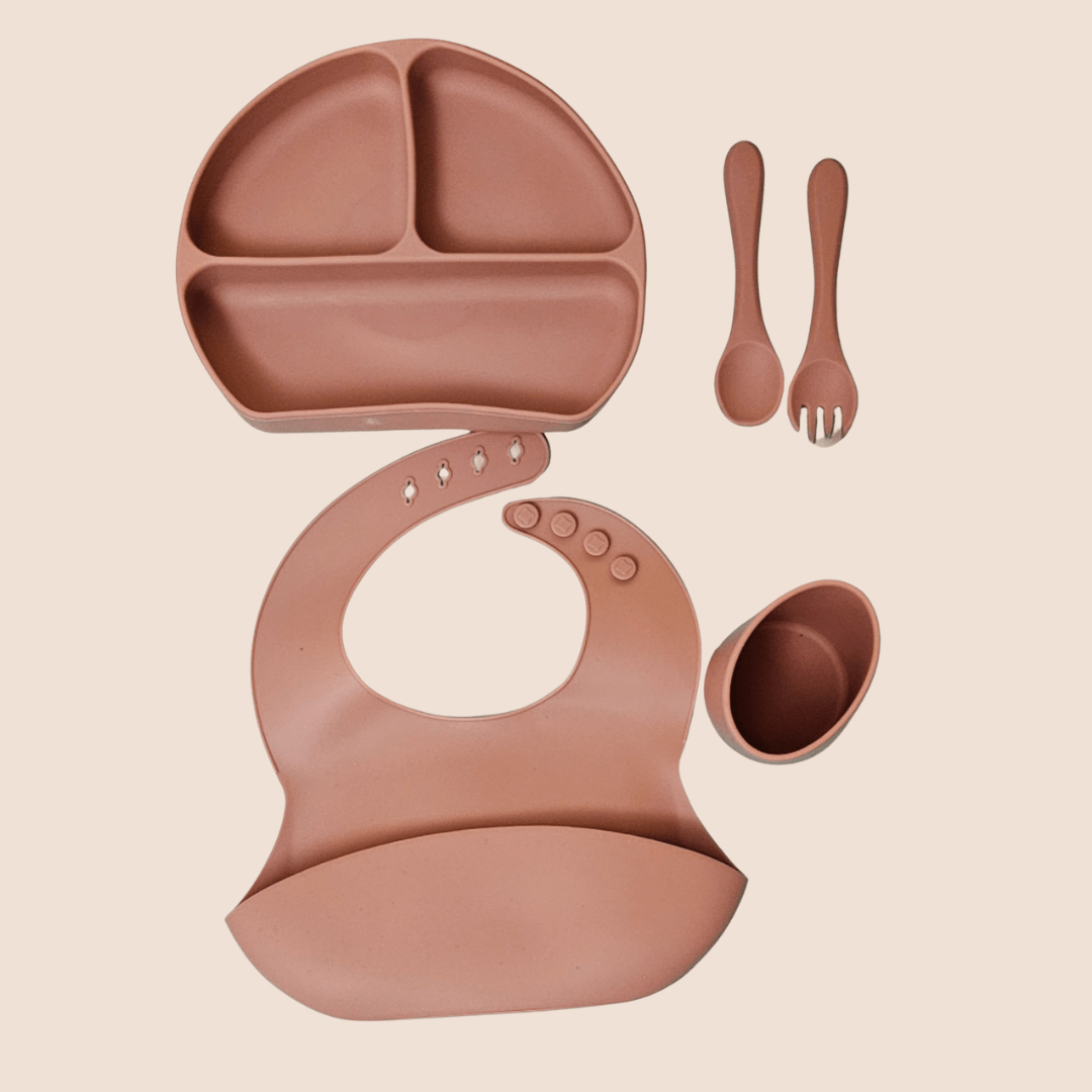 Olnna Silicone Baby Feeding Set — Plate, Bib, Cup & Utensils | Brown