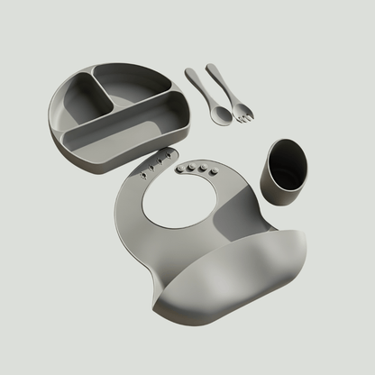 Olnna Silicone Baby Feeding Set — Plate, Bib, Cup & Utensils | Gray