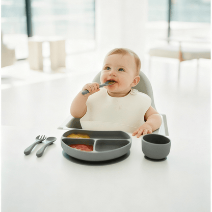 Olnna Silicone Baby Feeding Set — Plate, Bib, Cup & Utensils | Gray