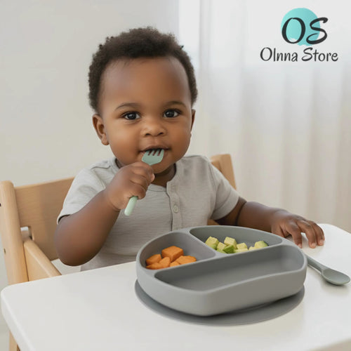 Olnna Baby Feeding Set — Silicone Plate + Bib + Cup + Spoon & Fork | Gray