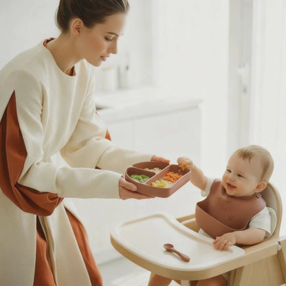 Olnna Silicone Baby Feeding Set — Plate, Bib, Cup & Utensils | Brown