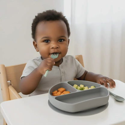 Olnna Silicone Baby Feeding Set — Plate, Bib, Cup & Utensils | Gray