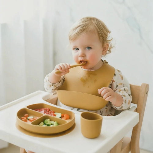 Olnna Baby Feeding Set — Silicone Plate + Bib + Cup + Spoon & Fork | Yellow